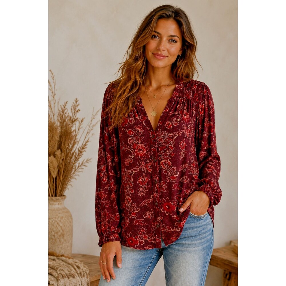 Knox Rose Women's L Knit V-Neck Button Up Top Burgundy Floral Boho